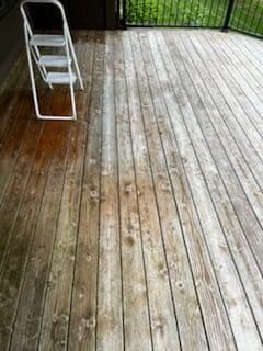 Weathered wooden deck with a white step ladder and green foliage in the background.